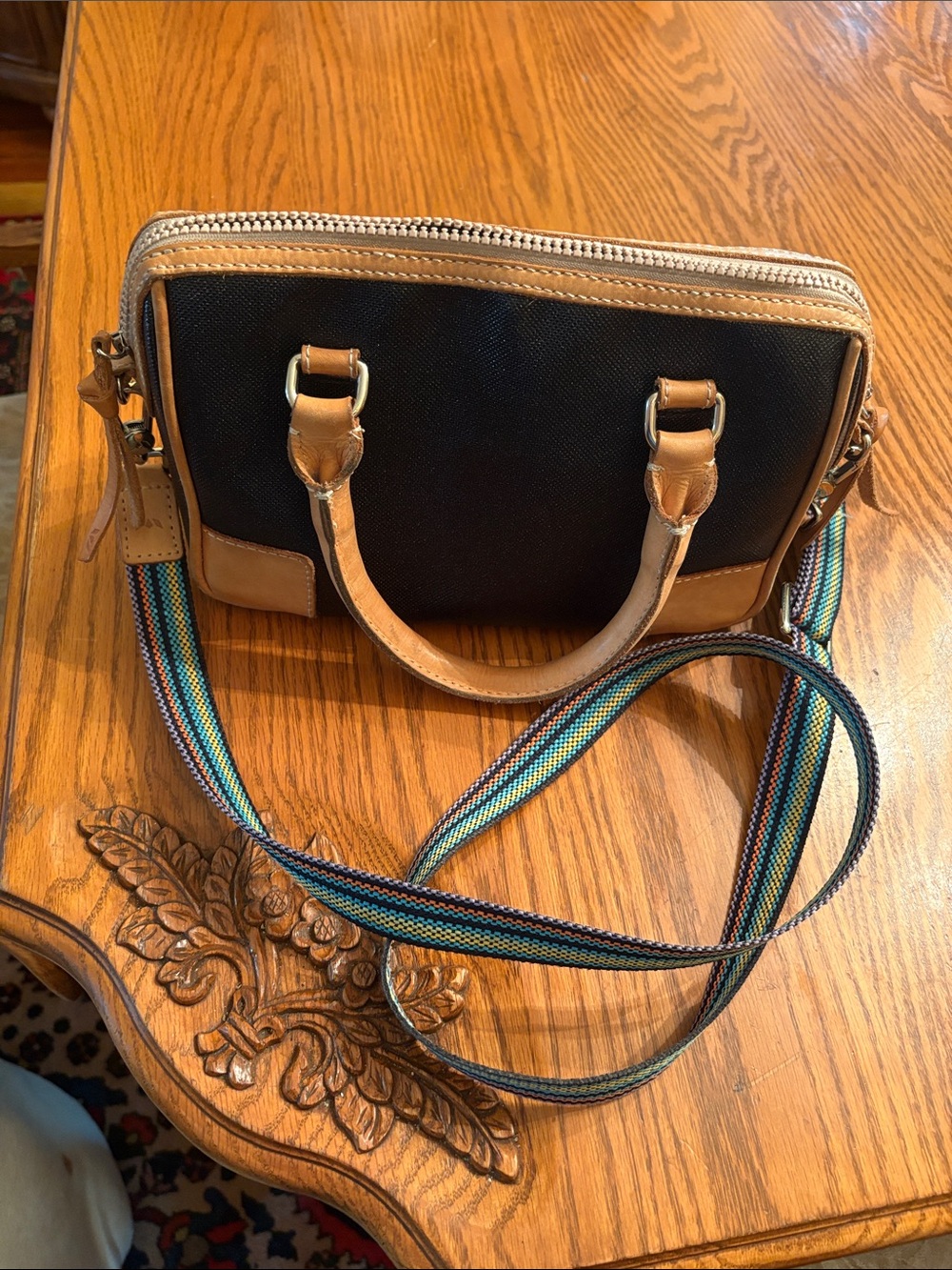 Consuela Black and Tan Crossbody Satchel with Striped Strap - Picture 5 of 6